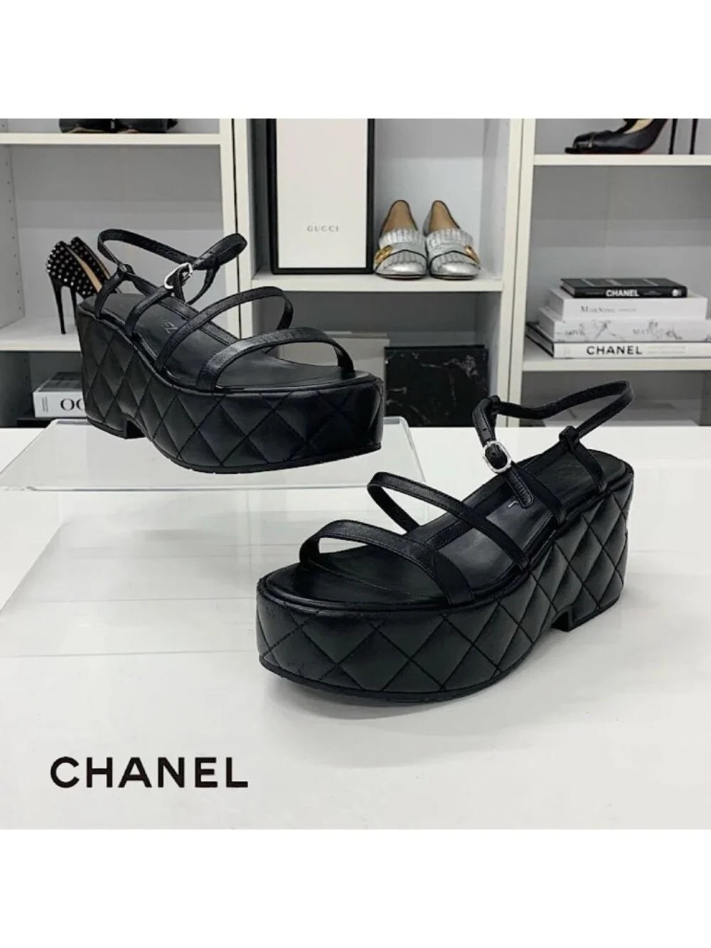Chanel Quilted CC Logo Leather Strap Platform Sandals Black